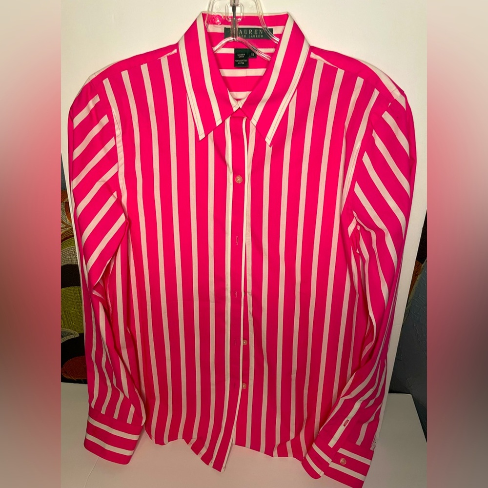 Ralph Lauren Women’s Button-up Pink and White Striped Shirt size XS